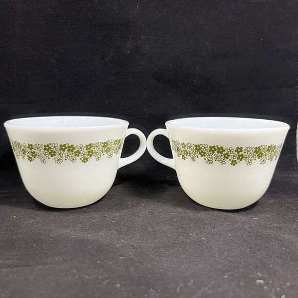 Vintage Pyrex Green Spring Blossom Milk Glass Coffee Tea Cup Set Of - Picture 1 of 9